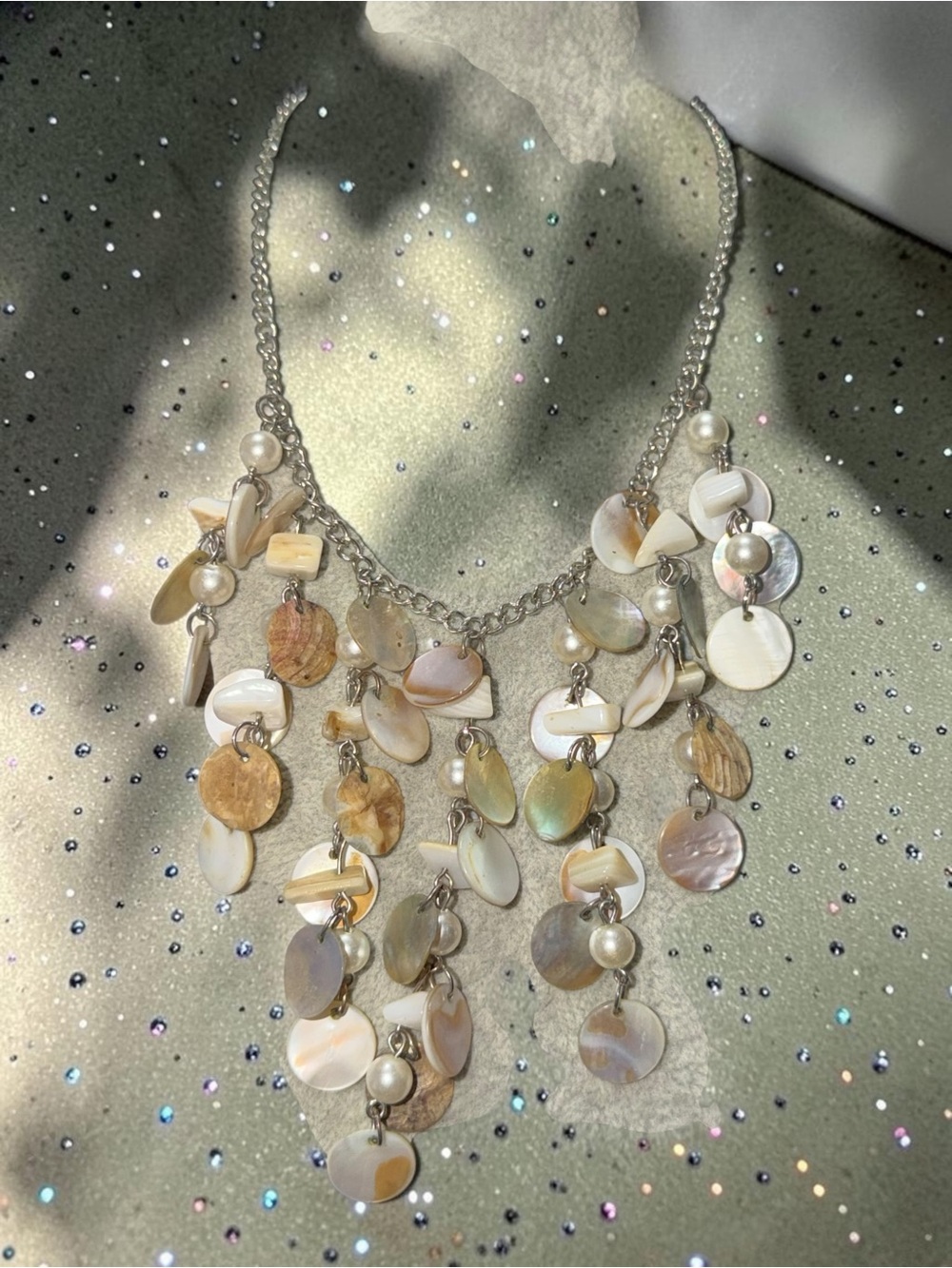 Mother of Pearl Style Shell Disc Layered Dangle Statement Necklace Boho - Picture 3 of 6